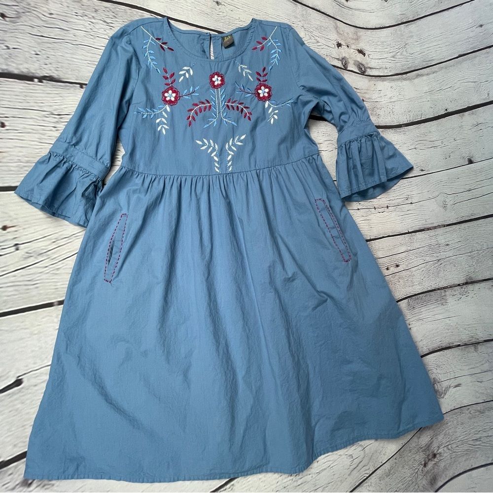 MYX Fusionwear blue boho embroidered cotton dress bell sleeves pockets, size L - Picture 9 of 14